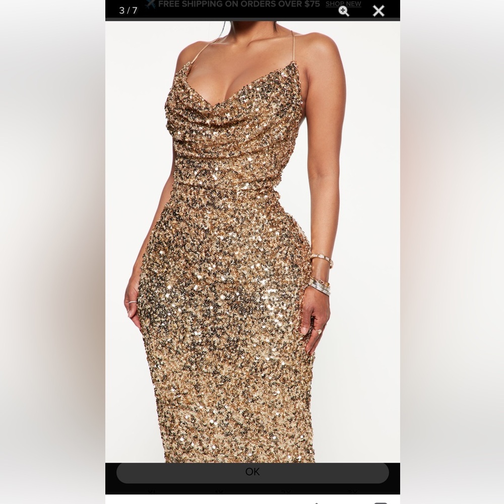 Fashion Nova You Wish Gold Sequin Midi Dress Size small